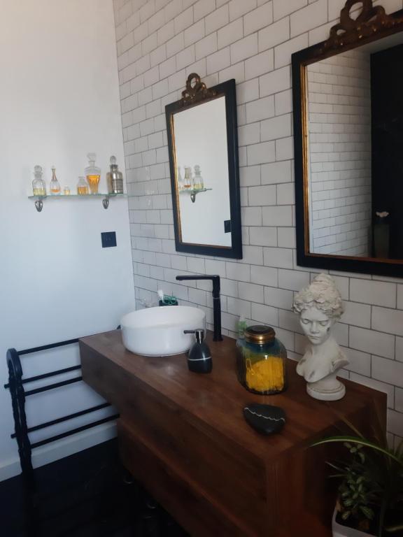 a bathroom with a sink and a mirror at L'Olivier in Beuzeville