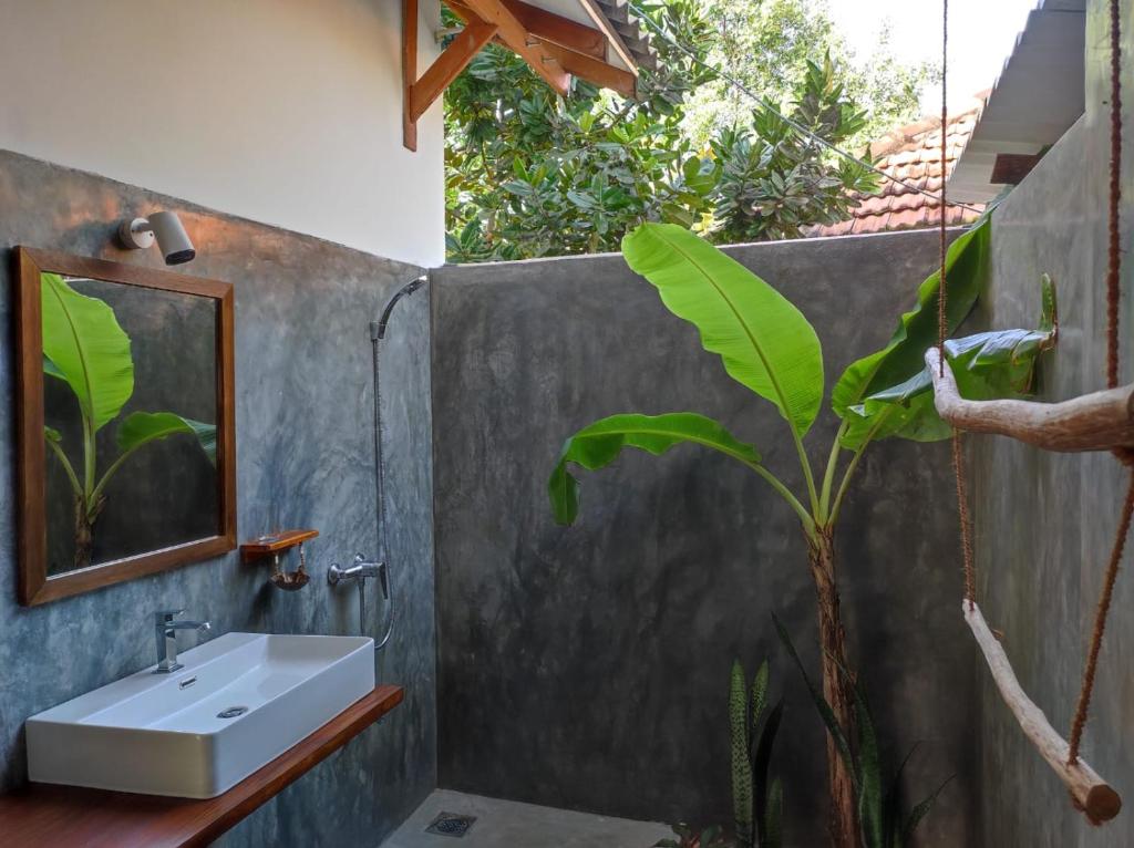 a bathroom with a sink and a plant at EKUKU lake houses in Kumbalgama