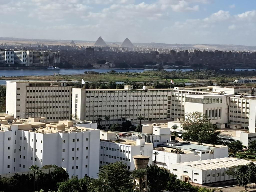 een stad met witte gebouwen en piramides bij Three bedrooms apartment Nile view maadi in Caïro