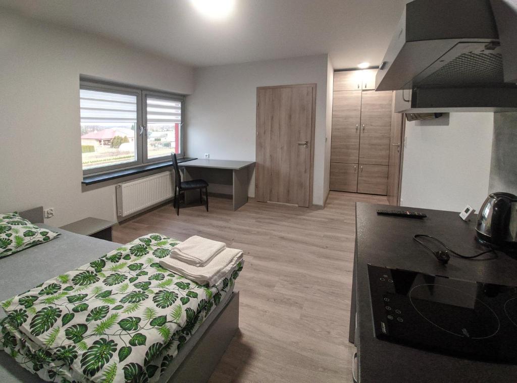 een kamer met een bed en een keuken. bij Noclegi URAN in Sufczyn