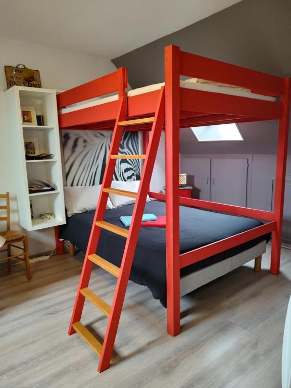 een rood stapelbed met een ladder in een kamer bij Studio au 2e étage de notre maison de ville in Caen