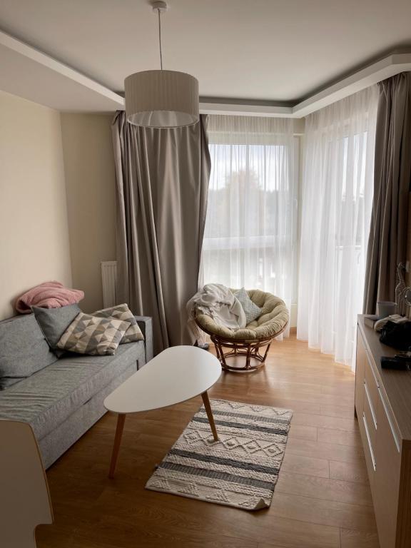 uma sala de estar com um sofá e uma mesa em Przytulny apartament na zamkniętym osiedlu em Kąty Rybackie