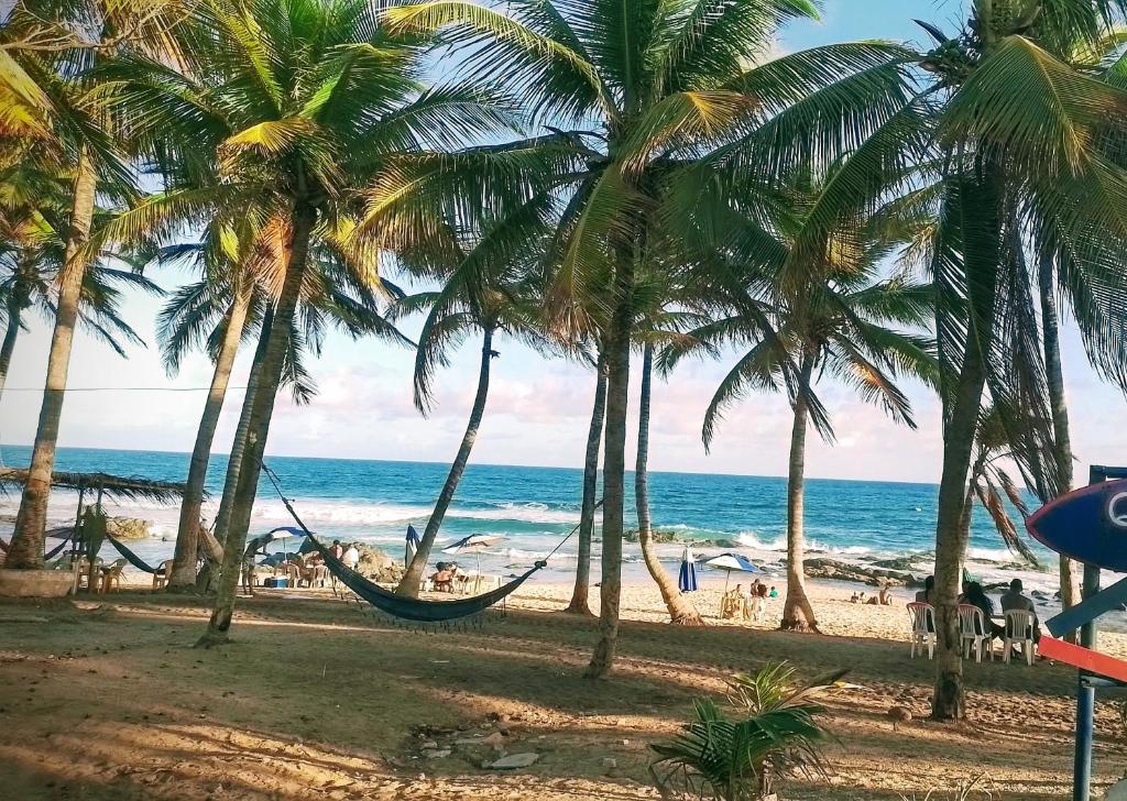 una hamaca en una playa con palmeras y el océano en Quarto inteiro com banheiro privativo, en Salvador