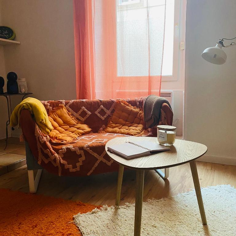 un salon avec un canapé et une table avec un ordinateur portable dans l'établissement Coquet studio coeur de ville au calme, à Millau