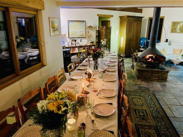 a dining room with a long table with chairs and a fireplace at Maison LGBT des Monts Bleus in Saint-Roman-de-Tousque