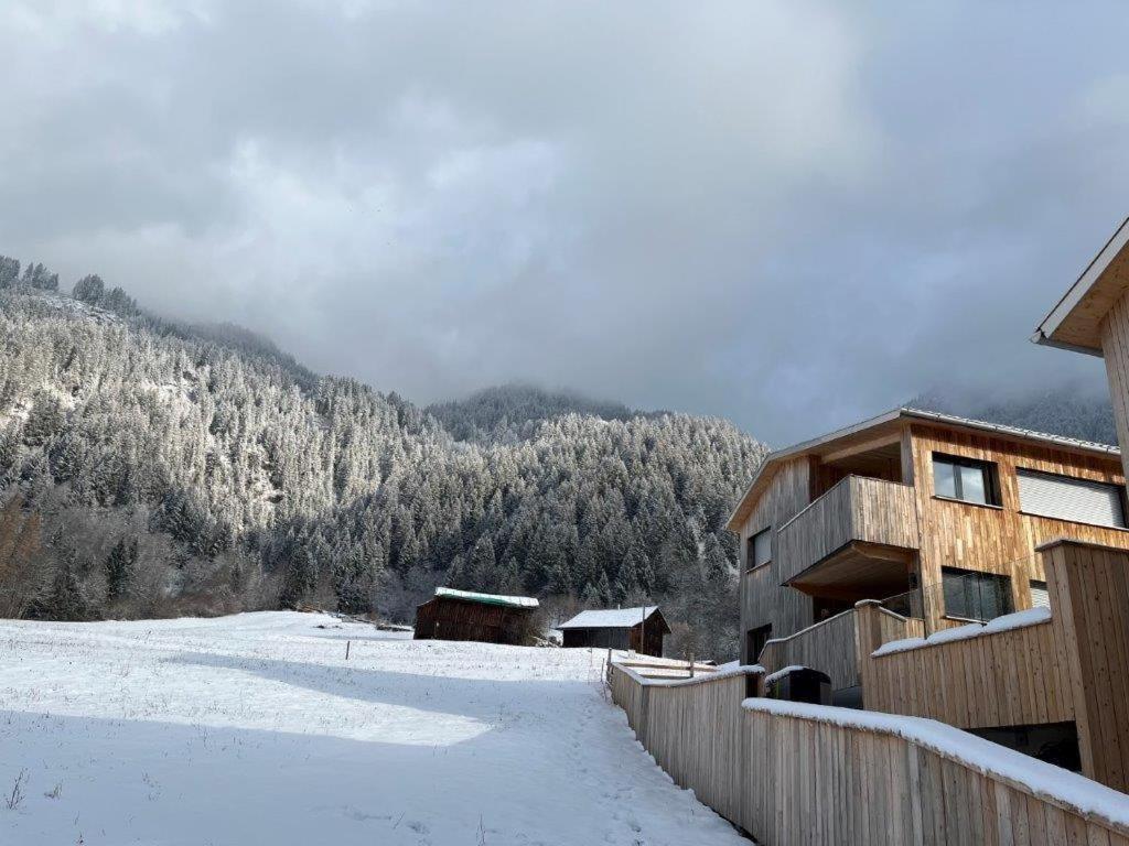 une maison dans la neige avec des montagnes en arrière-plan dans l'établissement Aurelia, à Sankt Gallenkirch