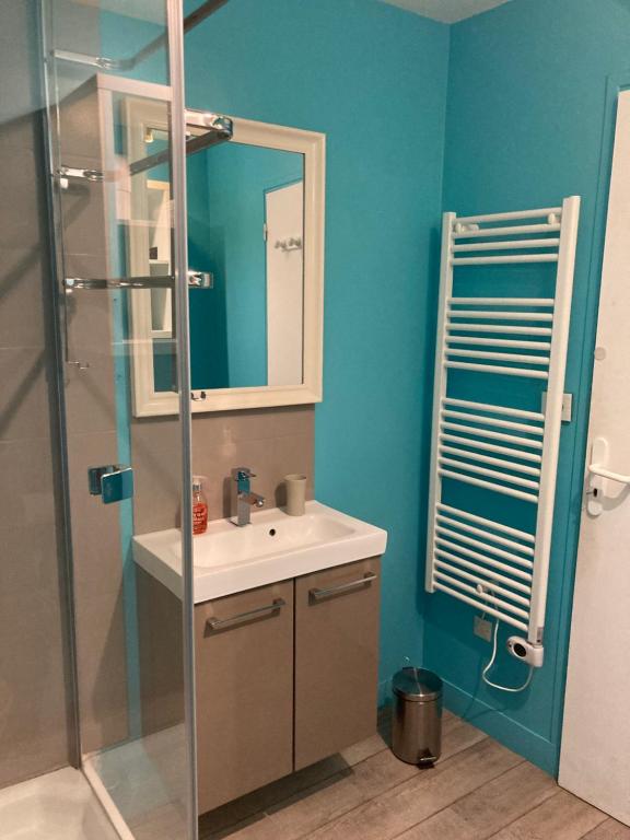 a bathroom with a sink and a mirror at Le Logis de Pélagie in Neufchâtel-en-Bray