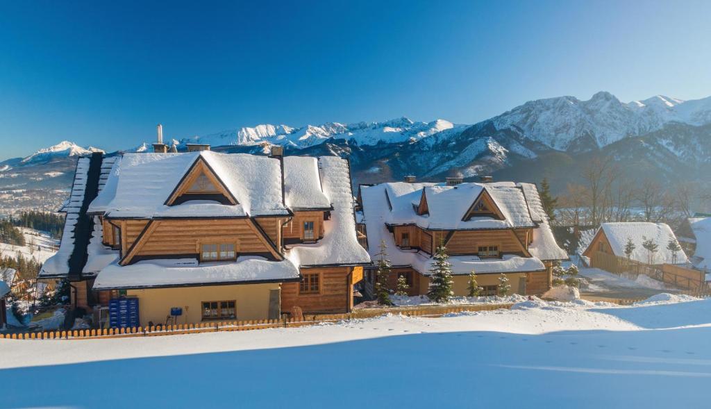 a house covered in snow with mountains in the background at Butorowy Dwór in Kościelisko