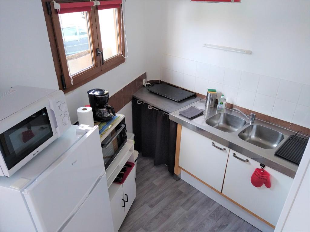 a small kitchen with a sink and a microwave at Les Gîtes d&#39;Angres - gîte n°1 in Angres