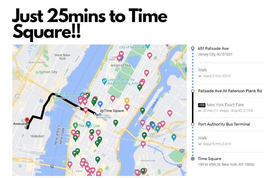una captura de pantalla de un mapa con las palabras sólo minutos a tiempo cuadrado en TRANQUIL TOWN HOUSE IN NEW JERSEY - JUST 25 MINUTES To TIME SQUARE! en Jersey City