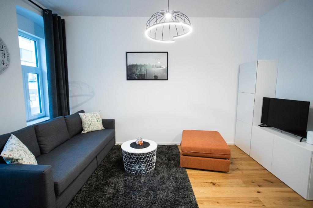 a living room with a couch and a tv at STILVOLLES APARTMENT in Vienna