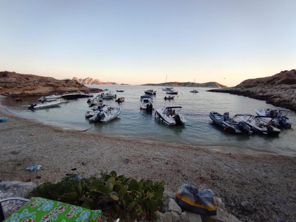 a group of boats are docked in the water at Chill Out Cabanon Coeur Calanques in Marseille