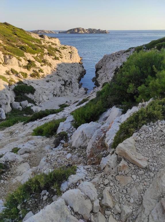a group of rocks and the ocean on a hill at Chill Out Cabanon Coeur Calanques in Marseille