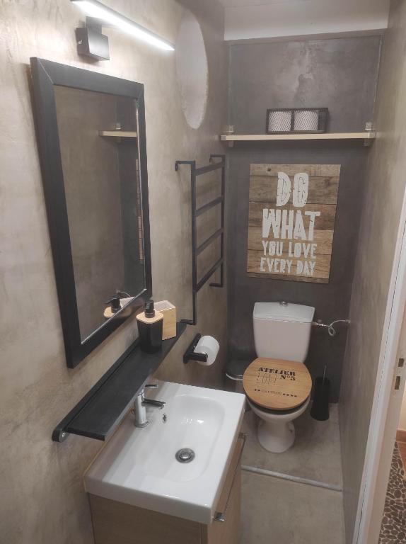 a bathroom with a sink and a toilet and a mirror at Chill Out Cabanon Coeur Calanques in Marseille