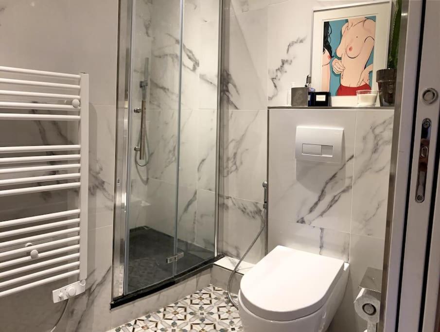 ein weißes Bad mit einer Dusche und einem WC in der Unterkunft Cosy flat next Casino in Monaco in Beausoleil