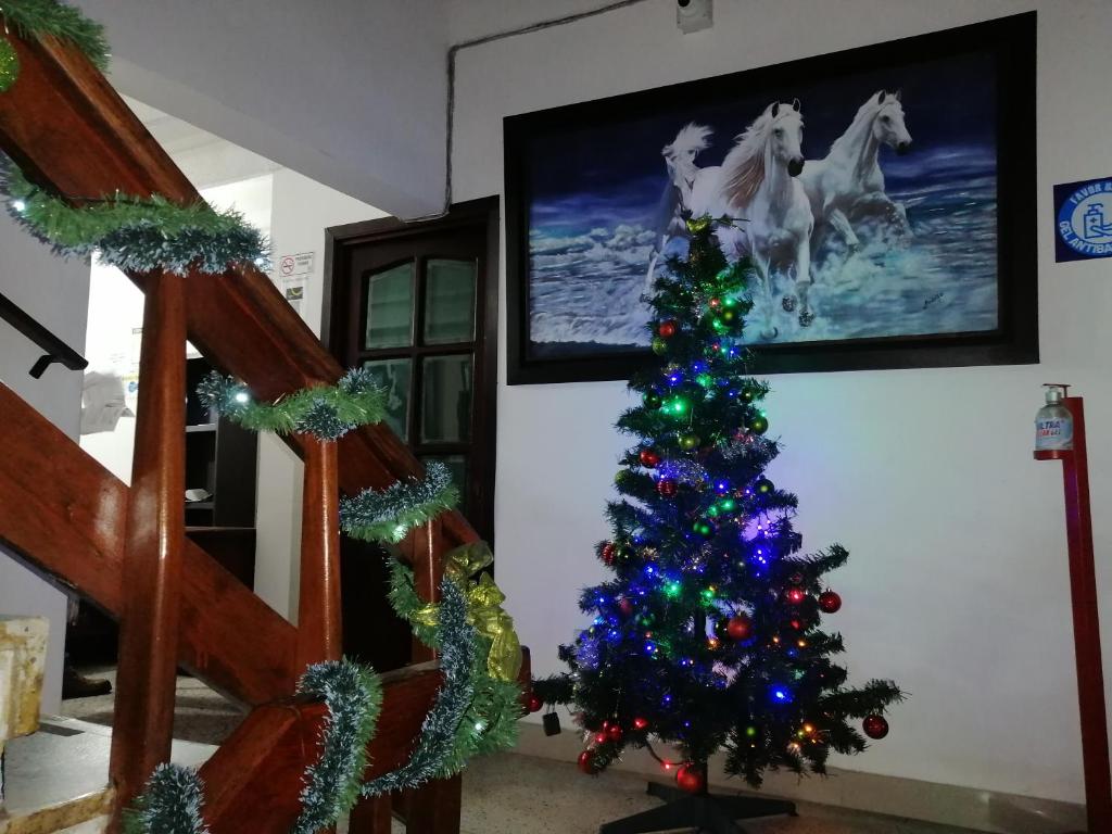 Un árbol de Navidad frente a una tele con caballos. en Preludio en Tunja