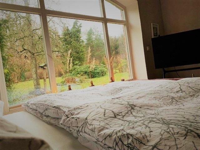 a bedroom with a bed and a large window at Waldhaus Jellen in Dobbertin