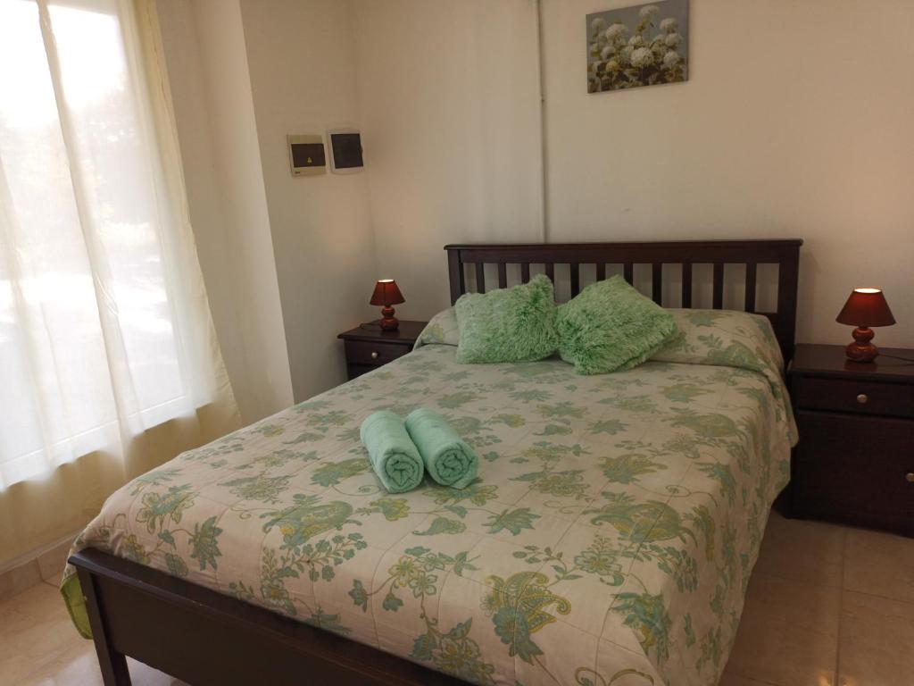 a bedroom with a bed with two green pillows at Bethel Alojamiento in Zapala