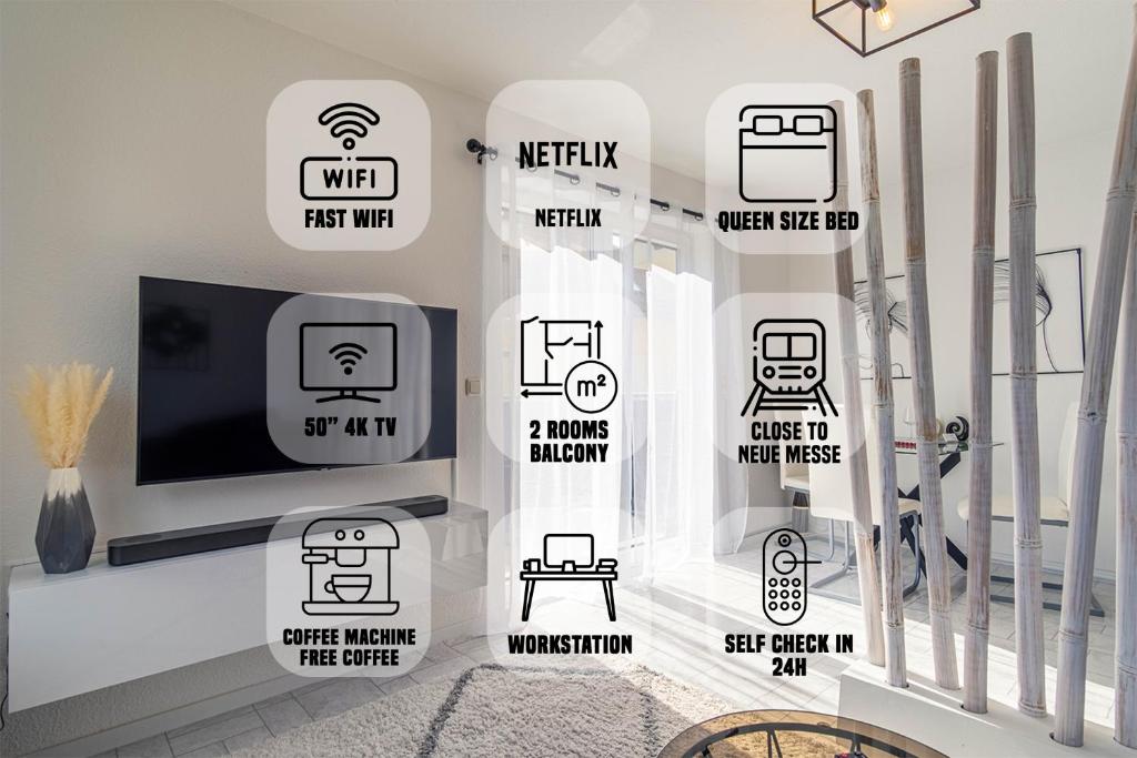 a room with a tv and a wall with stickers on it at Arbeitsplatz, Balkon, Tiefgarage nähe neue Messe in Leipzig