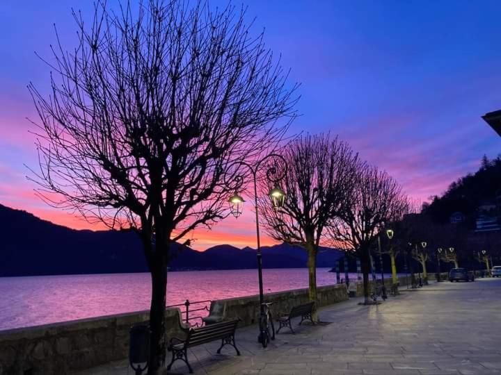 een park met banken en bomen voor een waterlichaam bij Appartamento AZZURRO in Cannobio