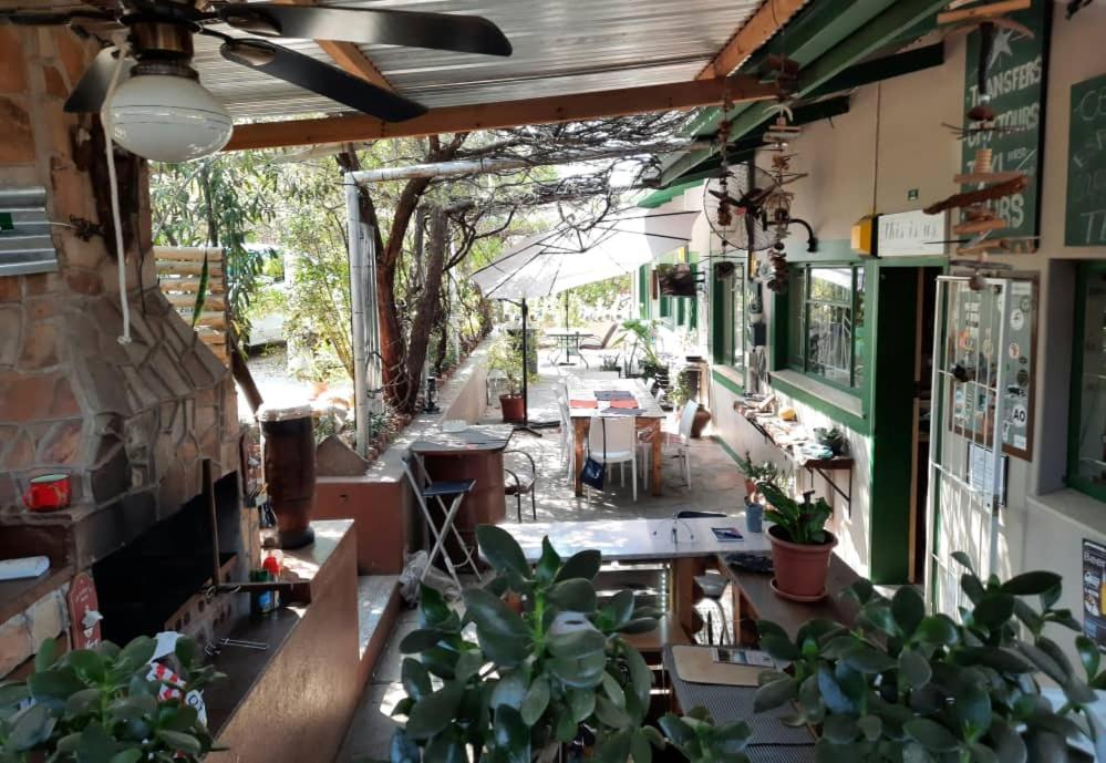 een patio met tafels en potplanten bij Xenia Bed & Breakfast in Windhoek