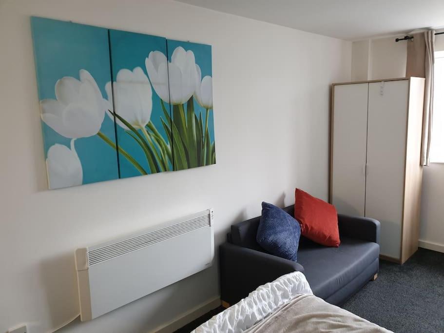 a living room with a couch and a painting on the wall at Legends Court, Wolverhampton in Wolverhampton