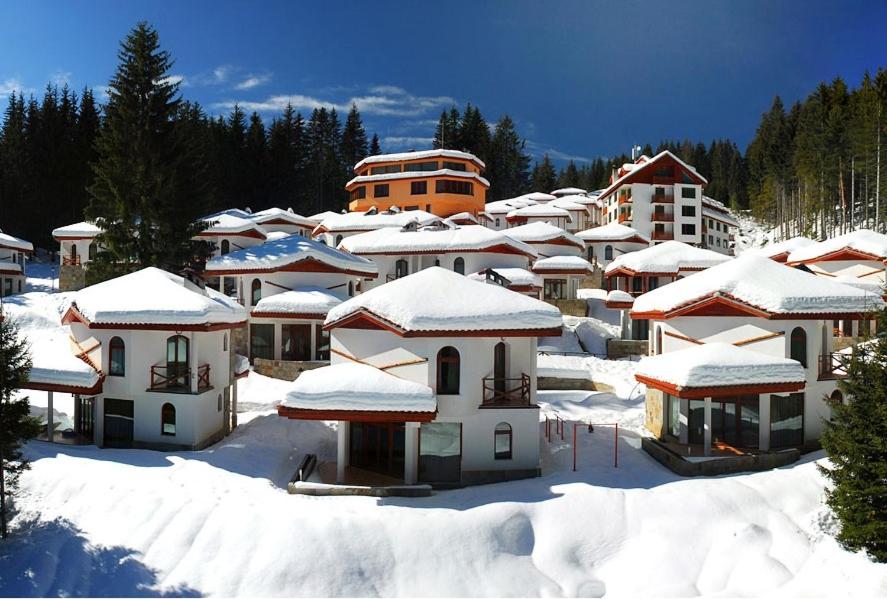 um grupo de casas cobertas de neve em Ski Chalets at Pamporovo - an affordable village holiday for families or groups em Pamporovo