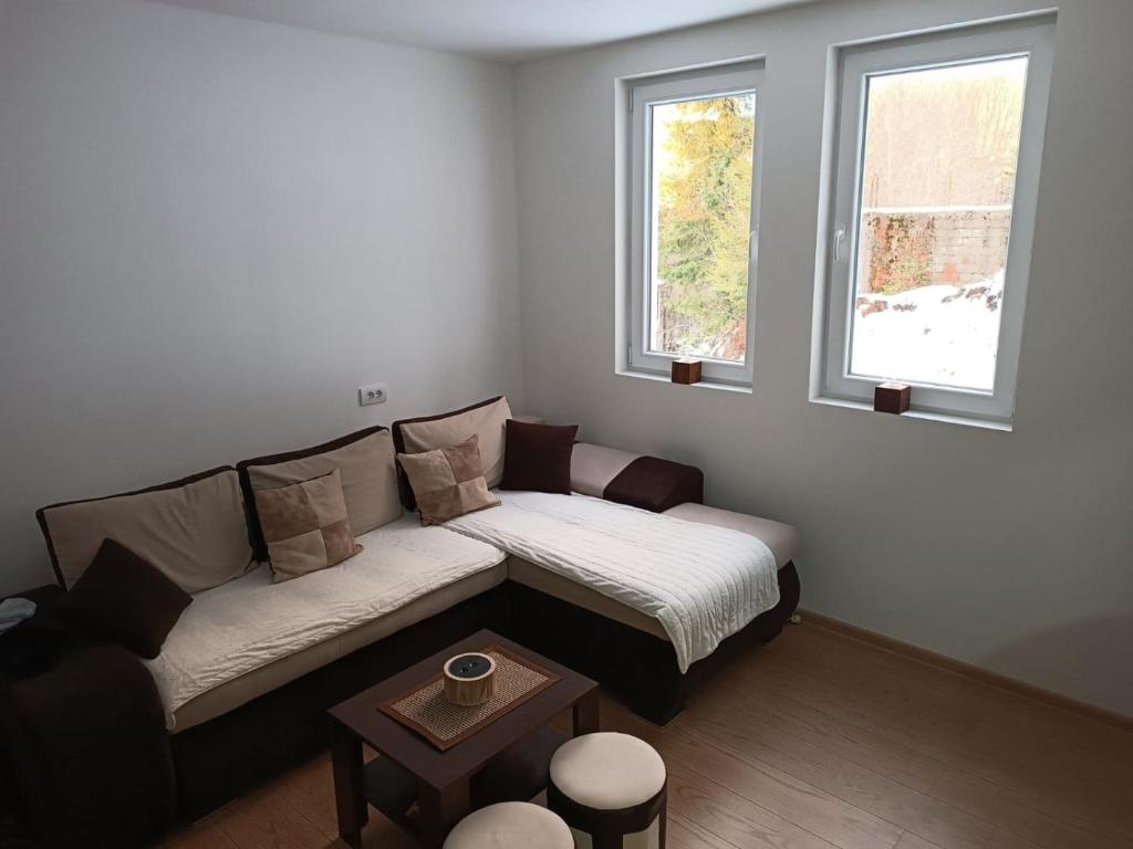a living room with a couch and two windows at Apartmani Moskva in Kopaonik