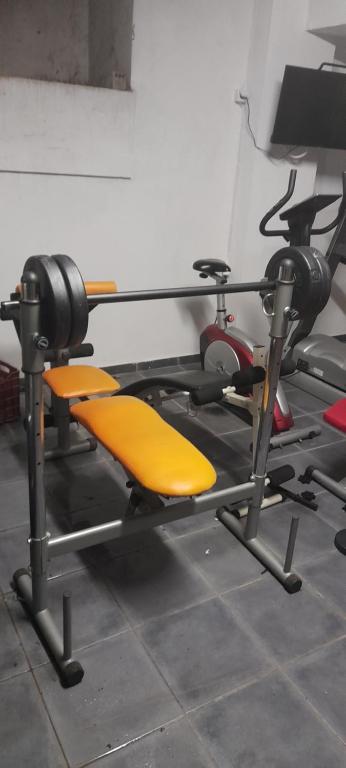 a gym with a bench and two exercise bikes at Bakopoulos resort Ένα Όμορφο Διαμέρισμα στα Τρίκαλα in Tríkala