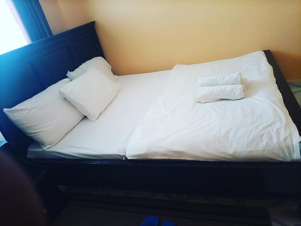 uma cama com duas almofadas brancas em Sassy's Hub em Kakamega