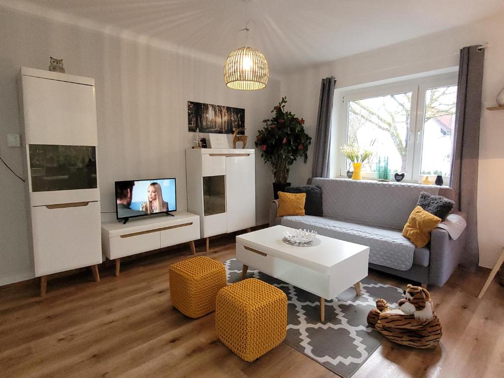 salon z kanapą i telewizorem w obiekcie FAMILY APARTMENT LINZ Wohnen mit Garten am Fusse des Pöstlingbergs TOP LAGE Villenviertel w Linzu