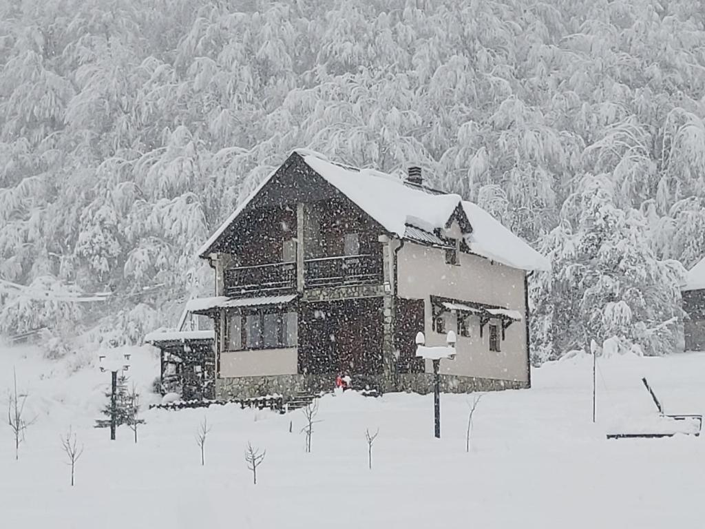 a house covered in snow in front of a mountain at Holiday Home Drijenak in Kolašin