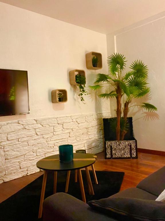 a living room with a table and a potted plant at Escapade jacuzzi in Caen
