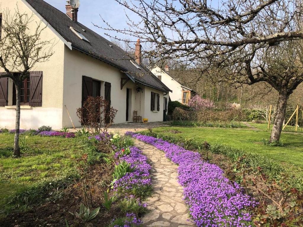 un camino delante de una casa con flores púrpuras en Le clos fleuri - Chambres d'hôtes en Onzain