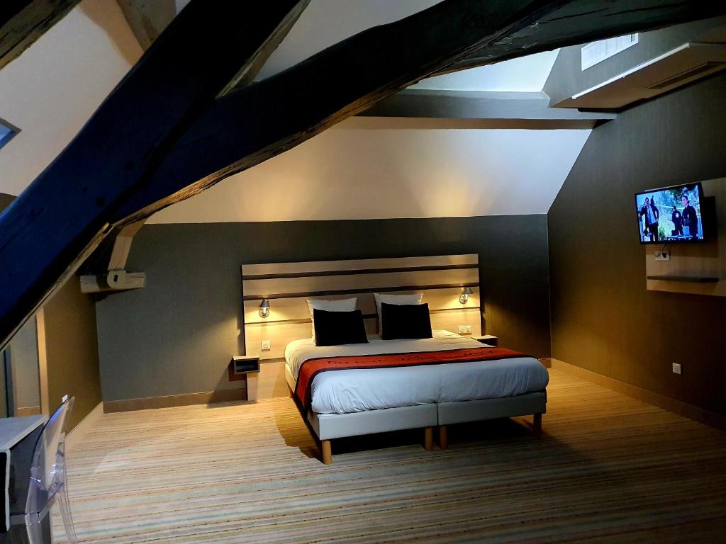 een slaapkamer met een bed en een tv aan de muur bij Au Coeur Des Bulles in Loches-sur-Ource