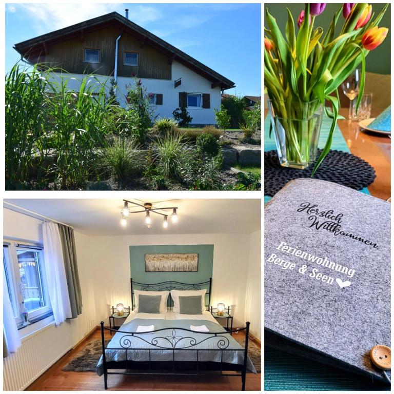 a collage of pictures of a bedroom and a house at Ferienwohnung Berge & Seen in Hohenpeißenberg