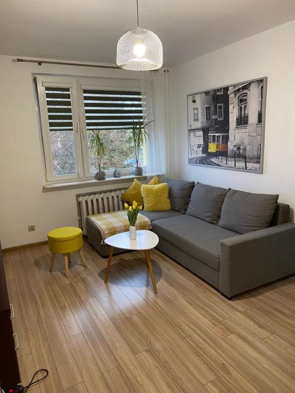 a living room with a couch and a table at Apartament Saski in Sandomierz