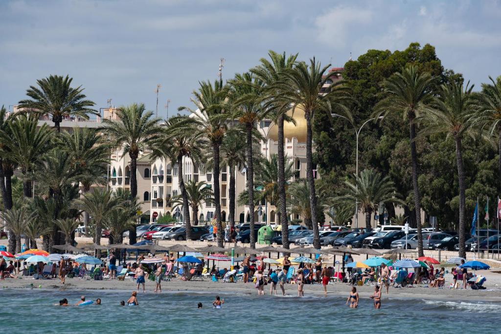 un grupo de personas en una playa con palmeras en Holiday Beach Varadero, en Santa Pola