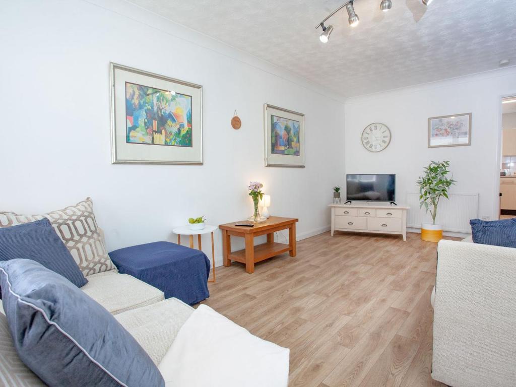 a living room with a blue couch and a tv at Jubilee Cottage in Dawlish