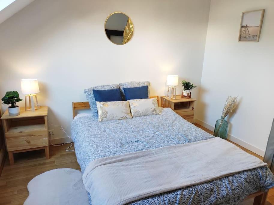 une chambre avec un lit avec des draps bleus et un miroir dans l'établissement Paisible duplex au centre-ville, au Mans