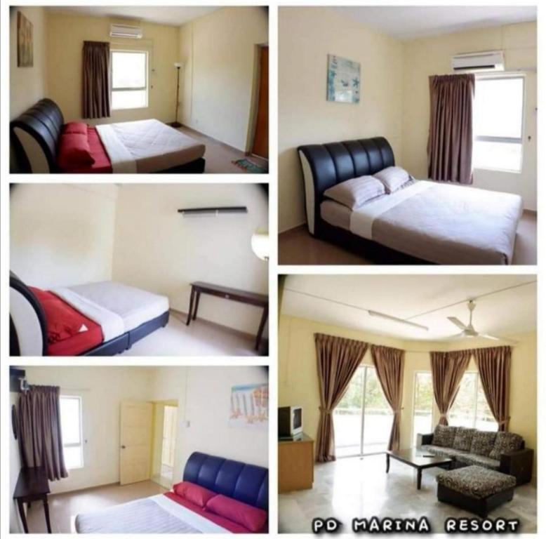 4 fotos de una habitación de hotel con 2 camas y un sofá en PD MARINA RESORT 2 en Port Dickson