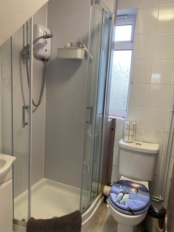 a bathroom with a shower and a toilet with a blue seat at Annex - Garden View in Bristol