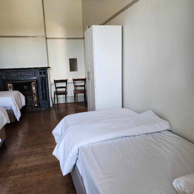 1 dormitorio con 2 camas y chimenea en Msunduzi River View backpackers, en Pietermaritzburg
