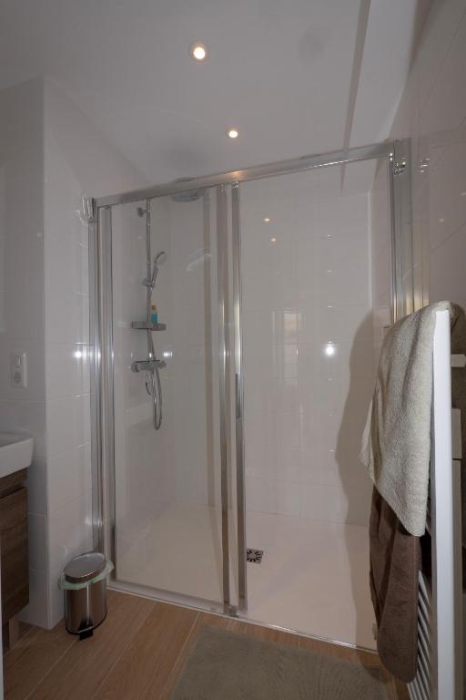 a shower with a glass door in a bathroom at Gite Oliveira&#39;s in Ury
