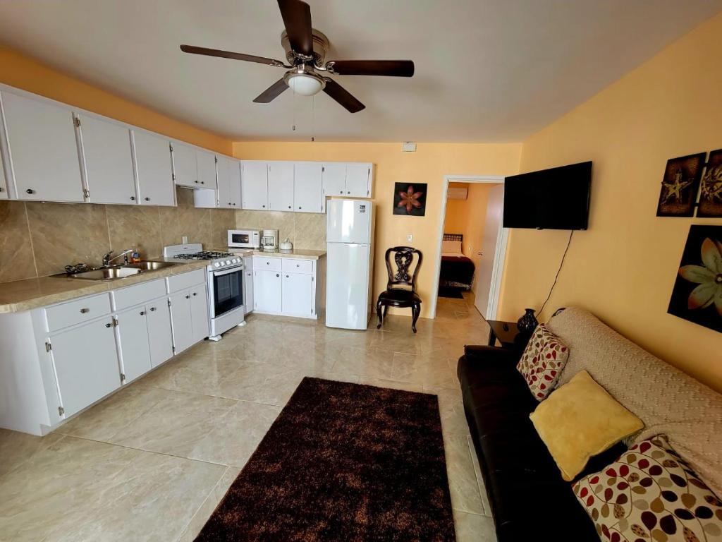 a kitchen and living room with a couch and a ceiling fan at Kaylavill in Nassau
