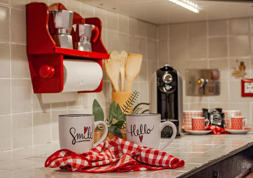 duas canecas de café sentadas num balcão numa cozinha em Il Rifugio a 3 minuti dai traghetti em Livorno