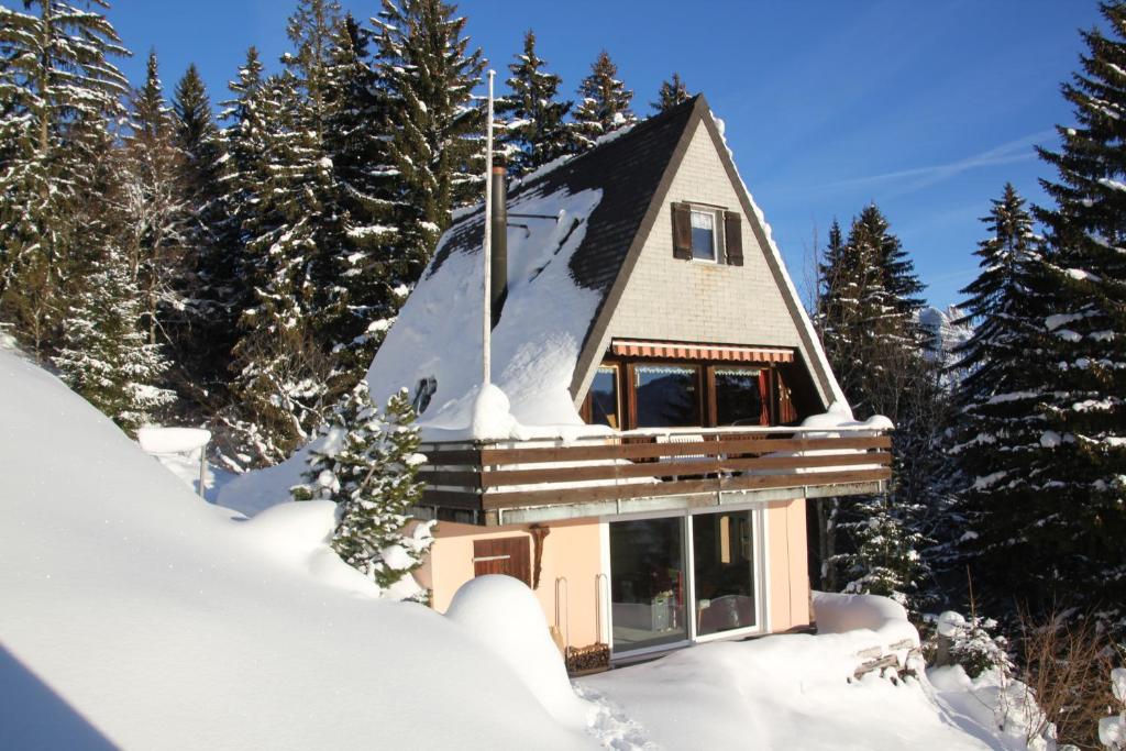 a house covered in snow with trees in the background at Haus Gimpel Flumserberg in Flumserberg