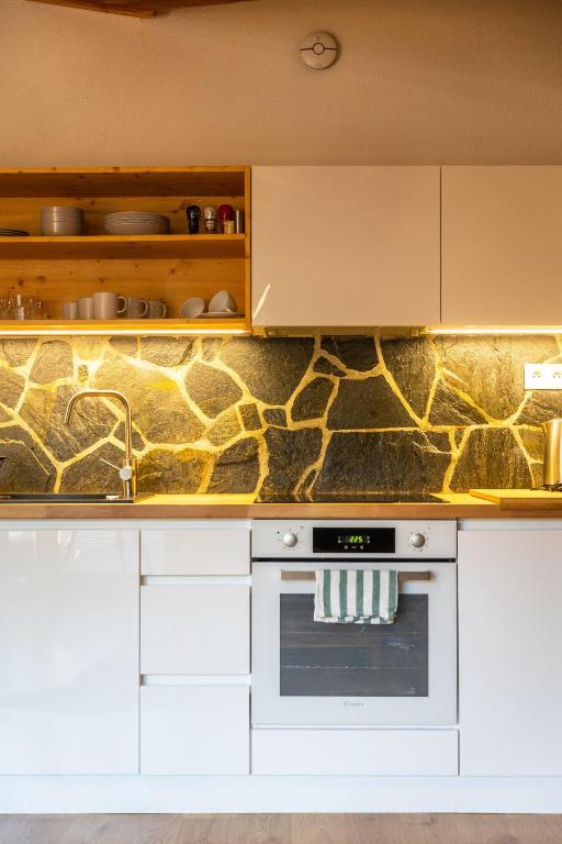 Kuchyň nebo kuchyňský kout v ubytování Lúčnica apartments Tále