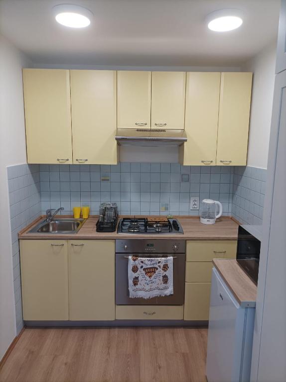 a kitchen with white cabinets and a stove top oven at Fenix studio apartment, Zagreb in Zagreb