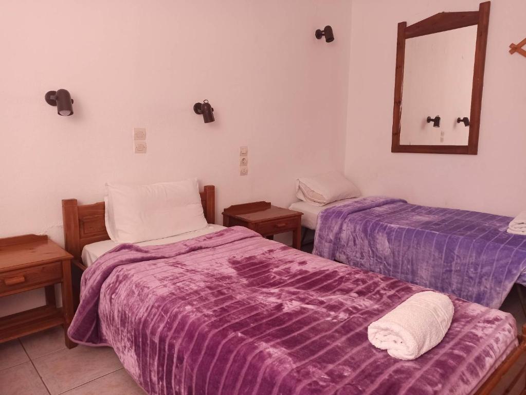 2 bedden in een kamer met paarse lakens en een spiegel bij Selena Rooms in Agia Galini